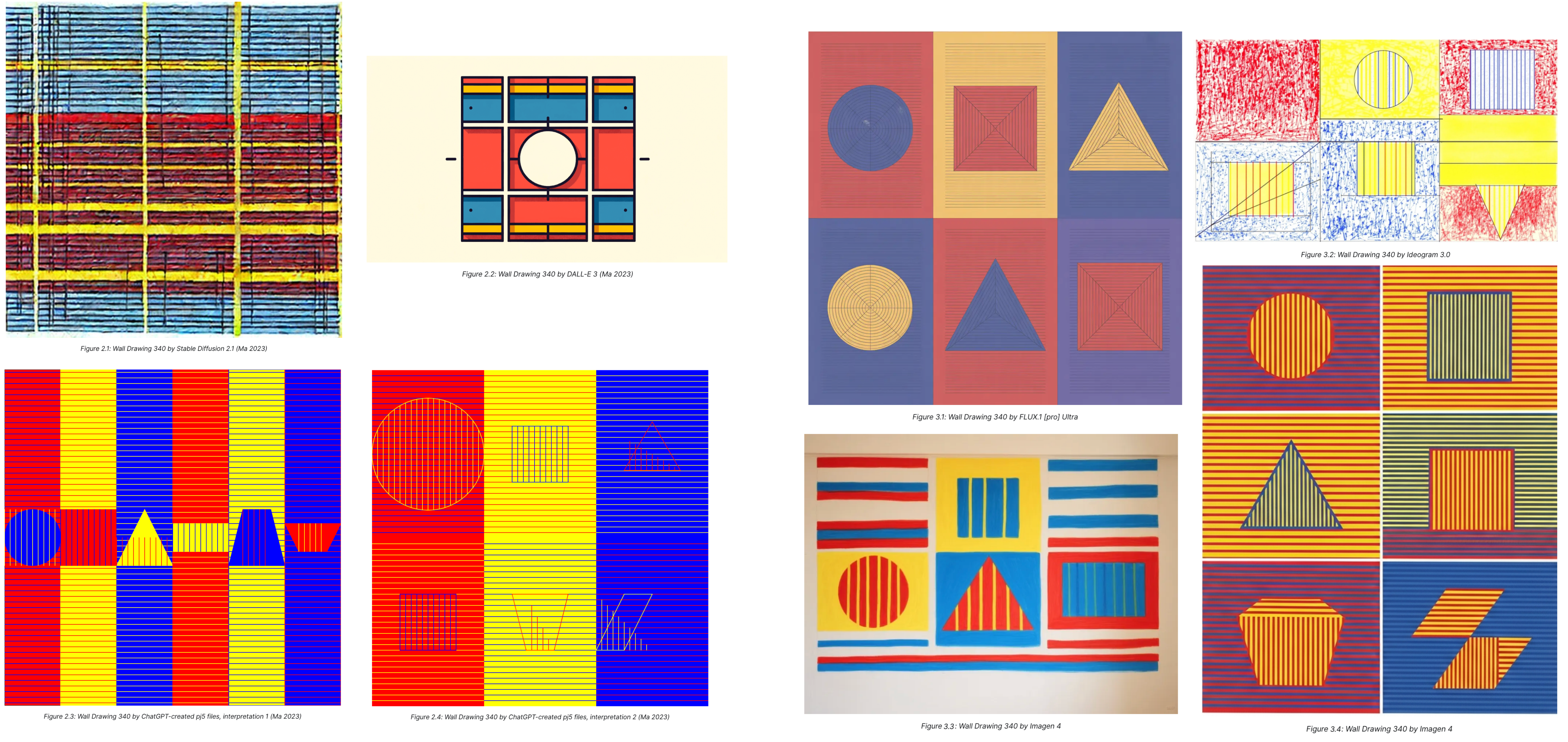 Examples of Sol LeWitt instruction-based art generations by various AI models
